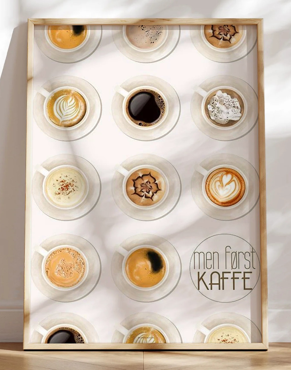 Kaffeplakat - plakat med kaffetyper og kaffekopper