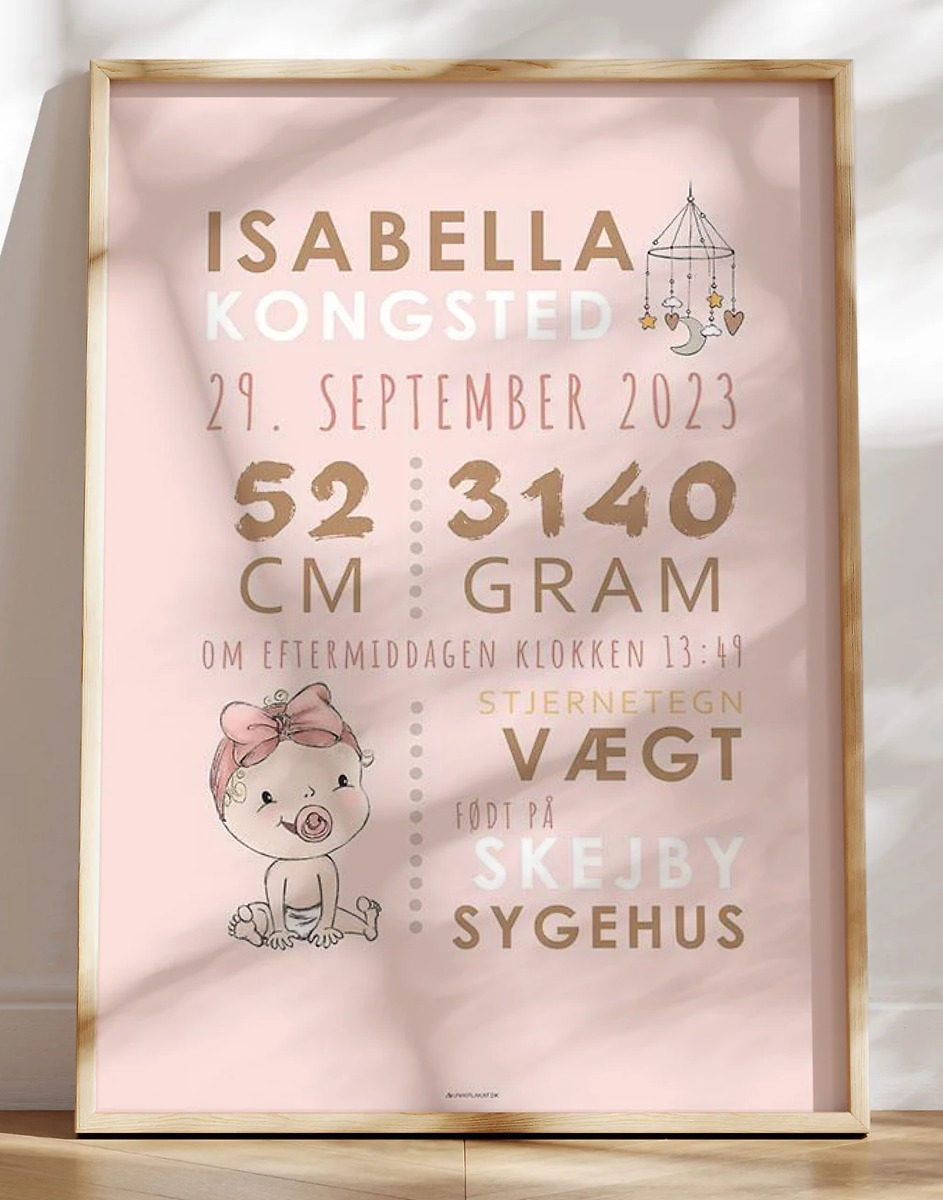 Dåbstavle med baby og uro - Pink sut