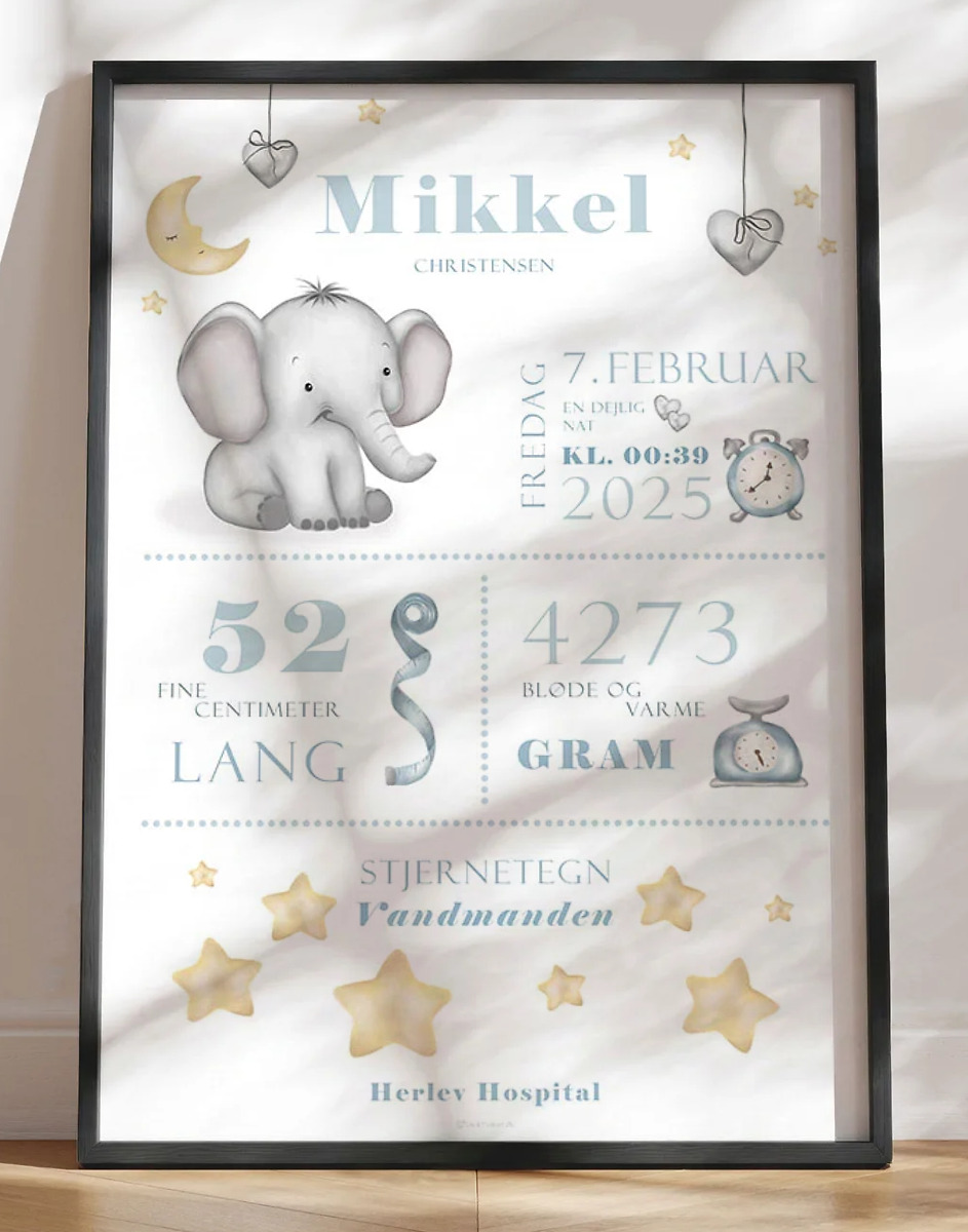 Fødselstavle med elefant - babyblå til dreng