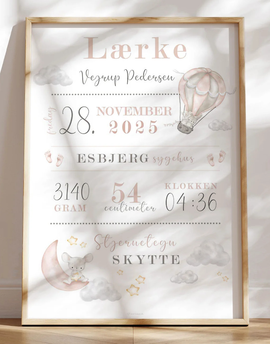Fødselsplakat med himmeltema til pige