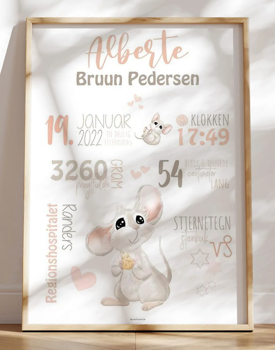 Fødselsplakat med mus til pige