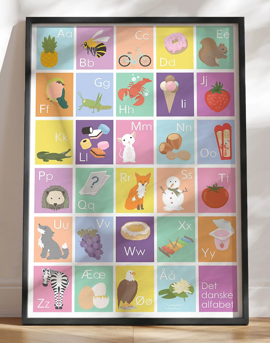 Abc plakat med illustrationer og masser af farver til pige