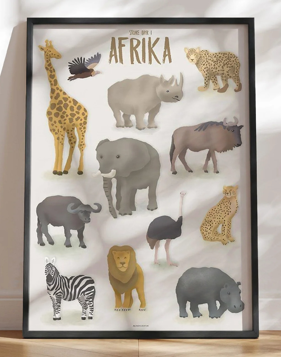Børneplakat med 12 store dyr fra Afrika