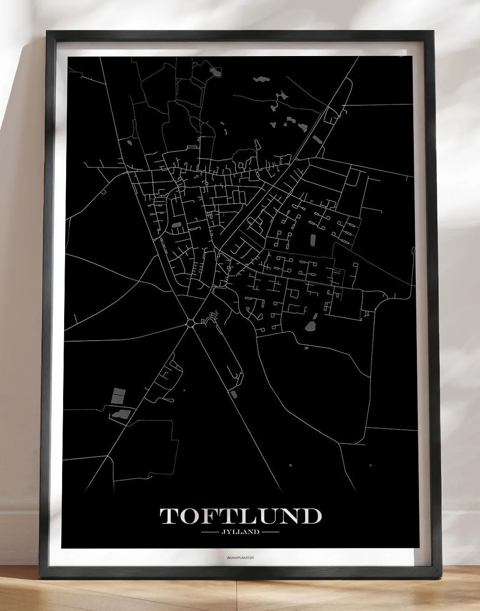 Byplakat med byen Toftlund - sort baggrund