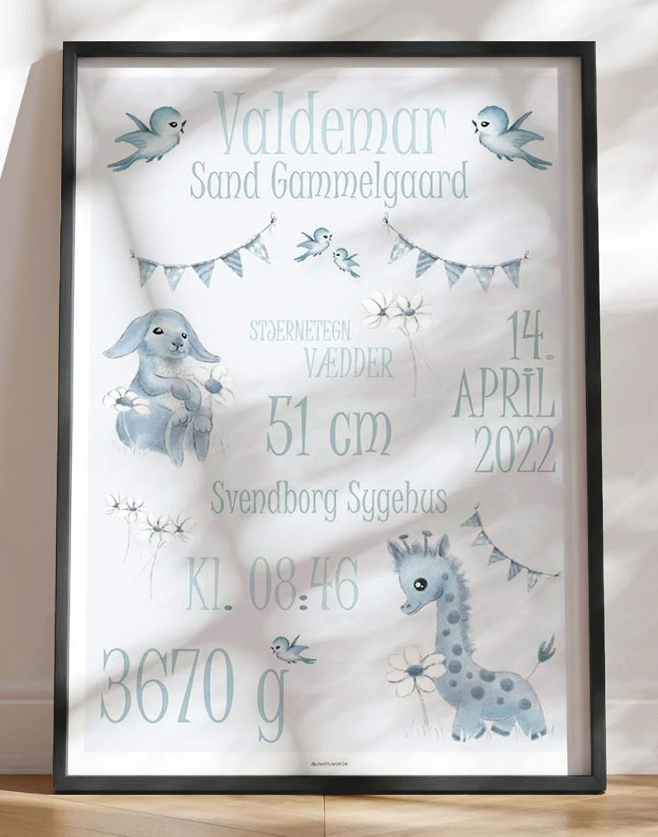 Fødselstavle med dyr til dreng