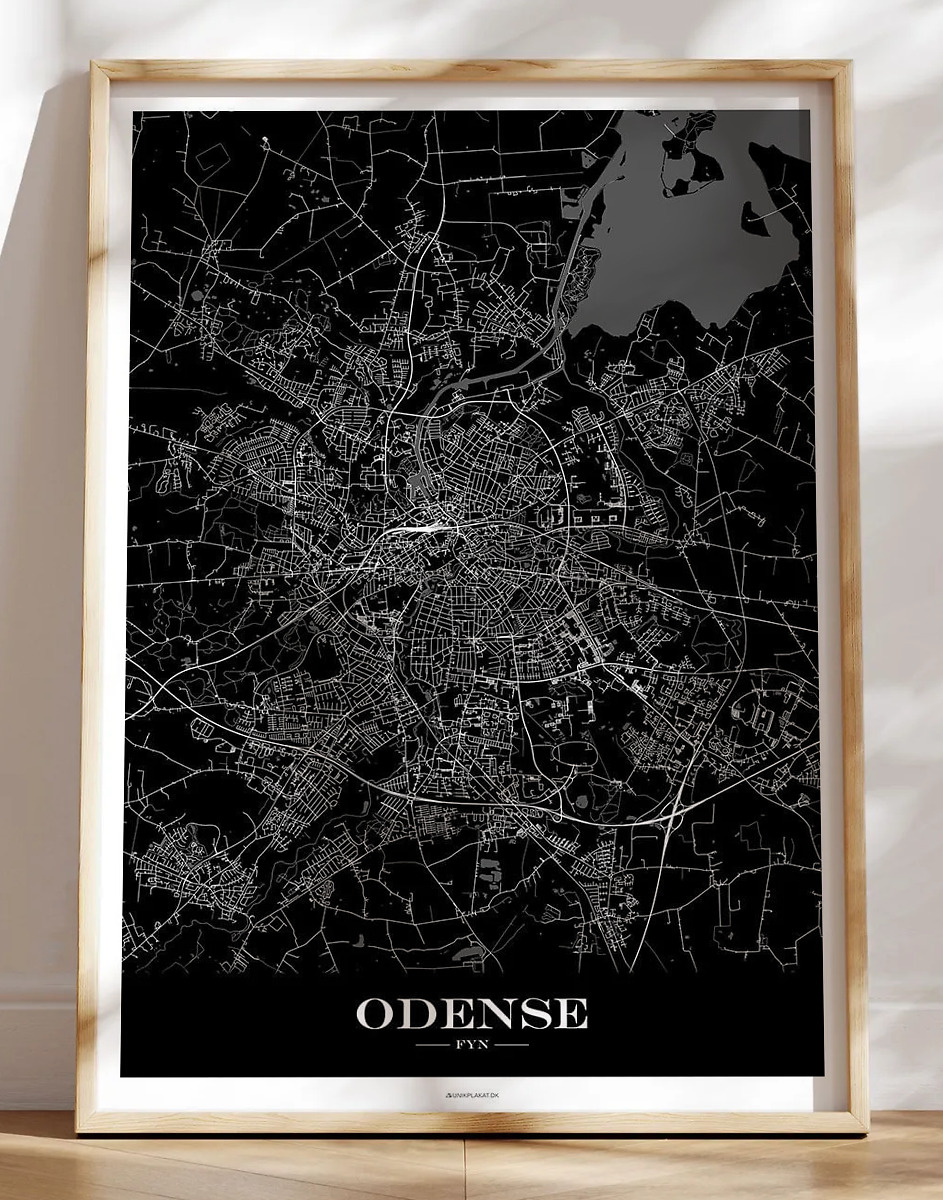 Plakat med bykort Odense - sort baggrund