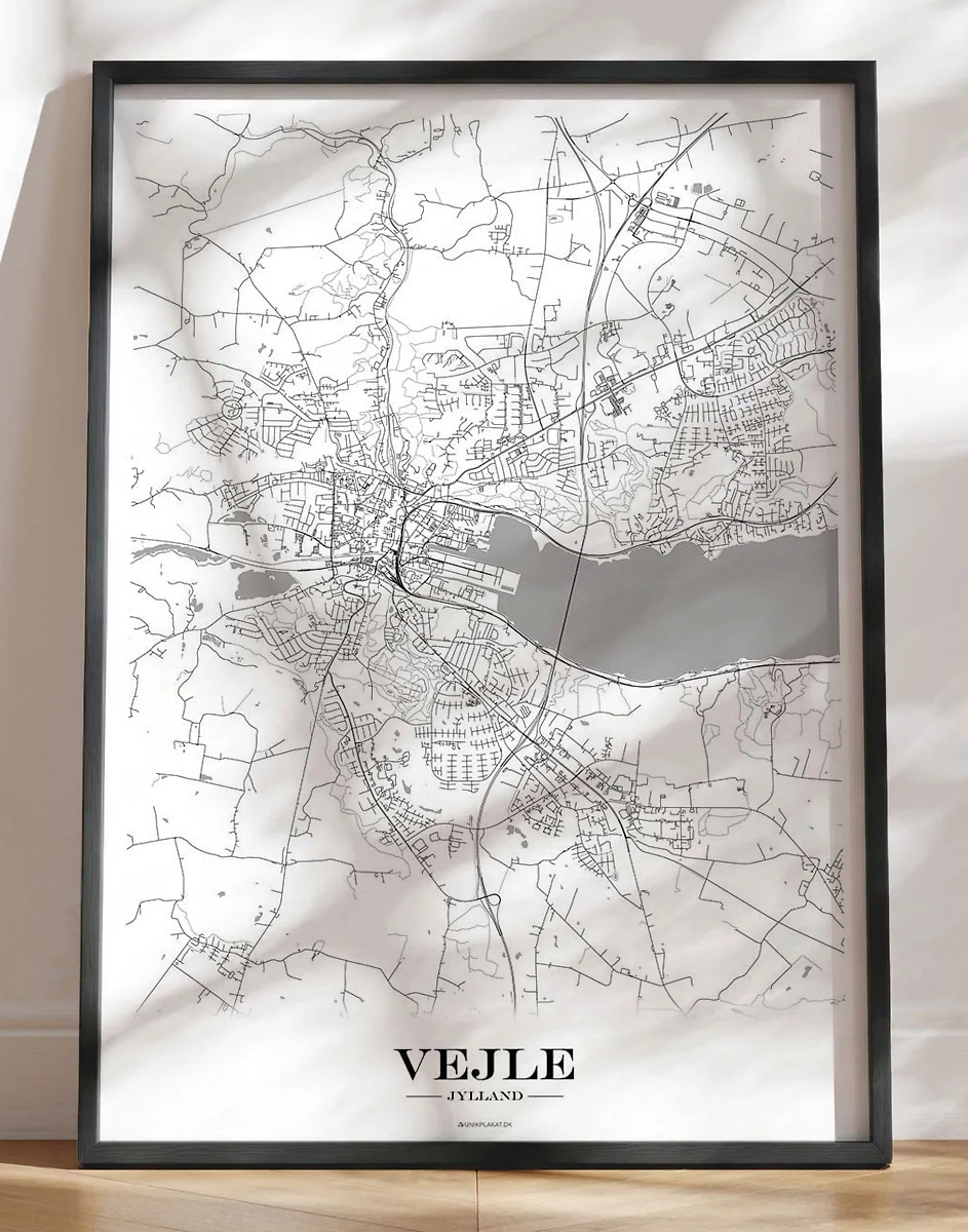 Kort plakat med bykort over Vejle - hvid baggrund