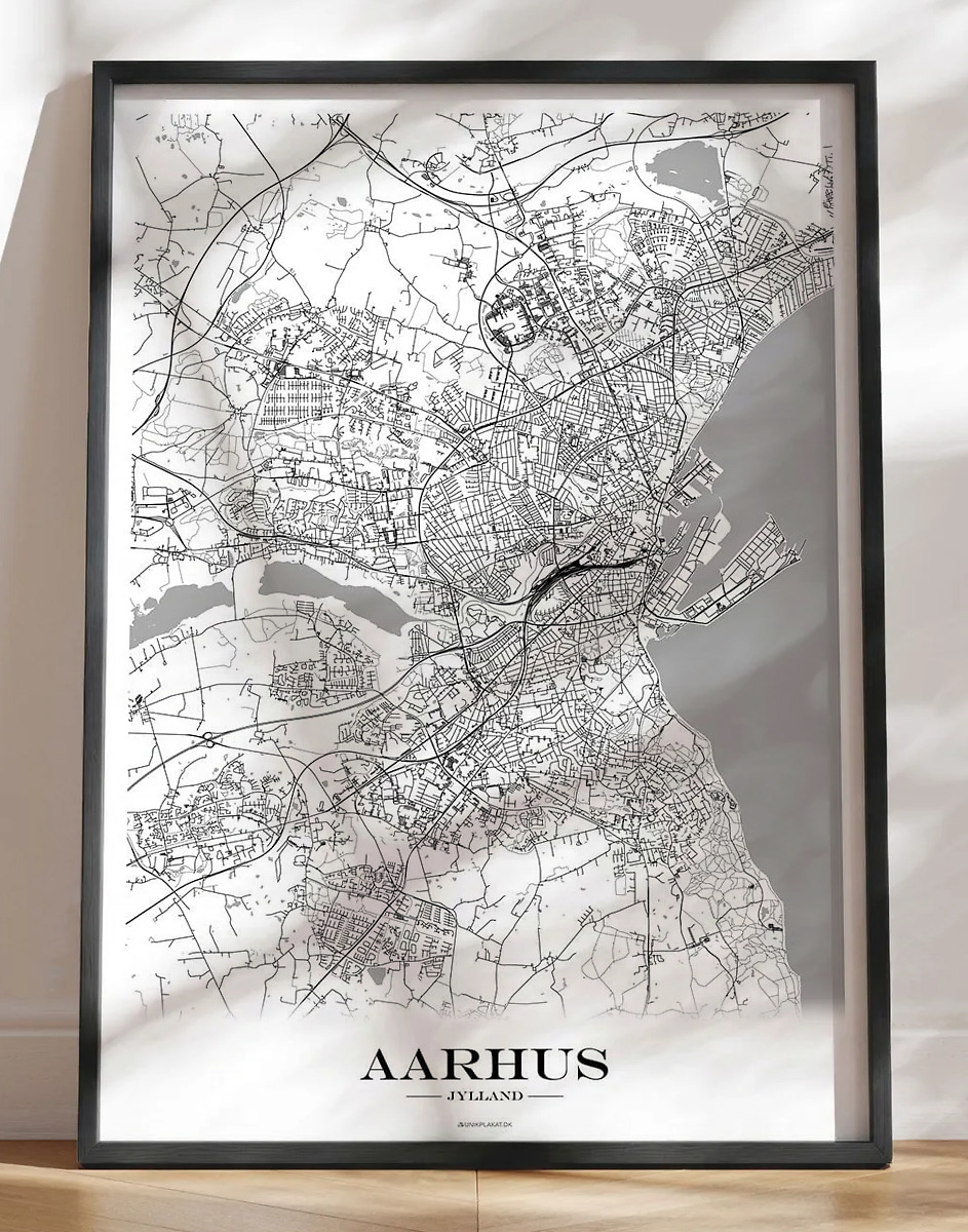 Byplakat med kort over Aarhus - hvid baggrund