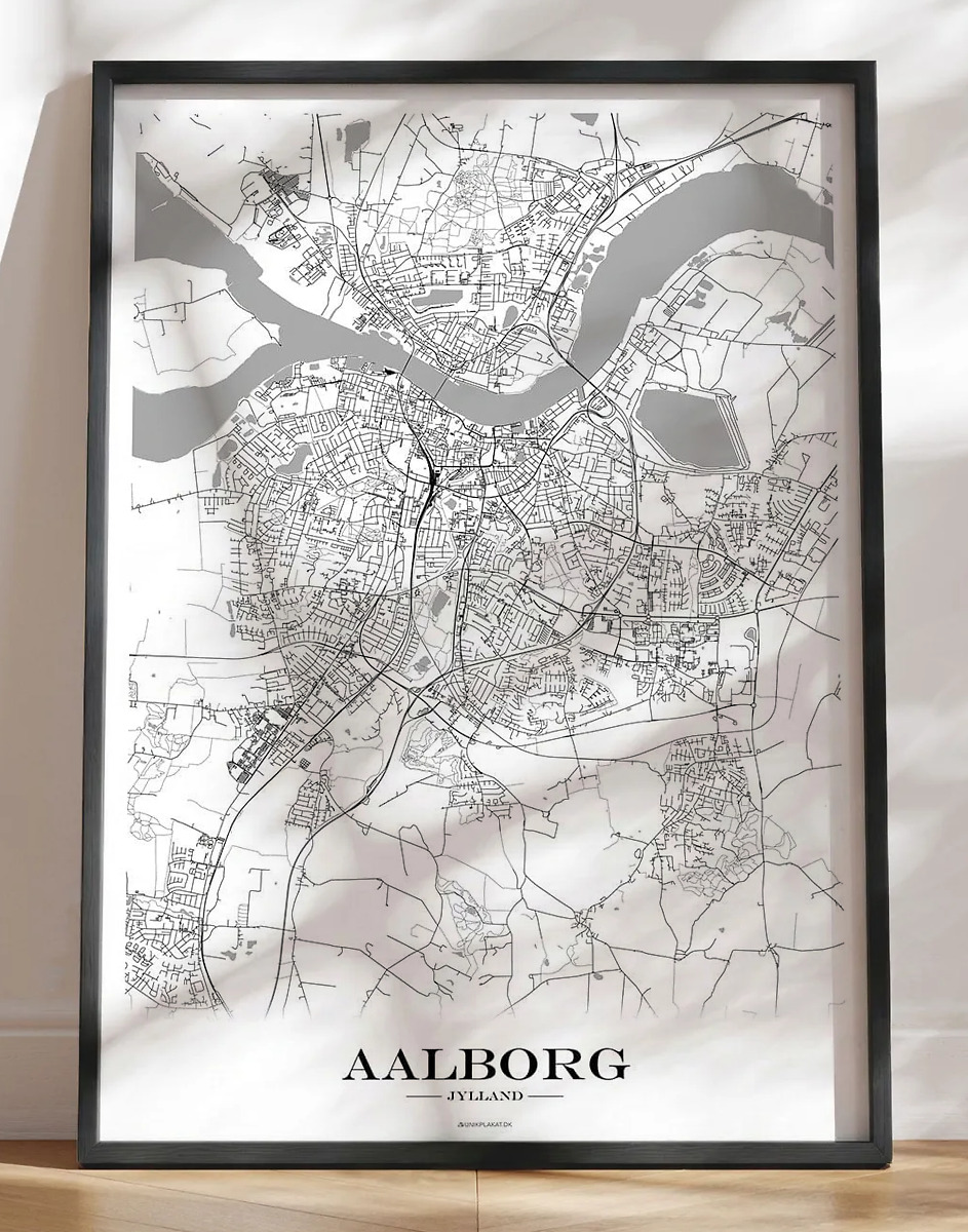 Byplakat med bykort Aalborg - hvid baggrund