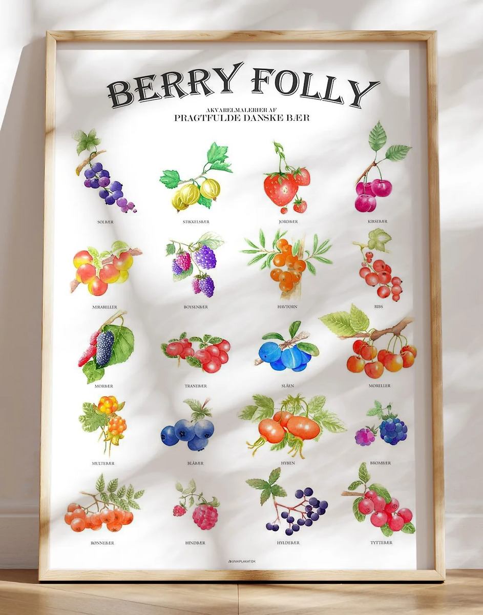 Køkkenplakat med 20 akvarelmalede bær