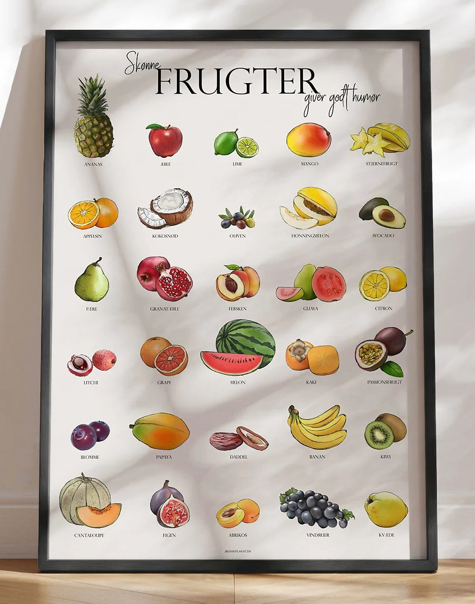 Køkkenplakat med frugter - 30 håndtegnede frugter i dejlige farver