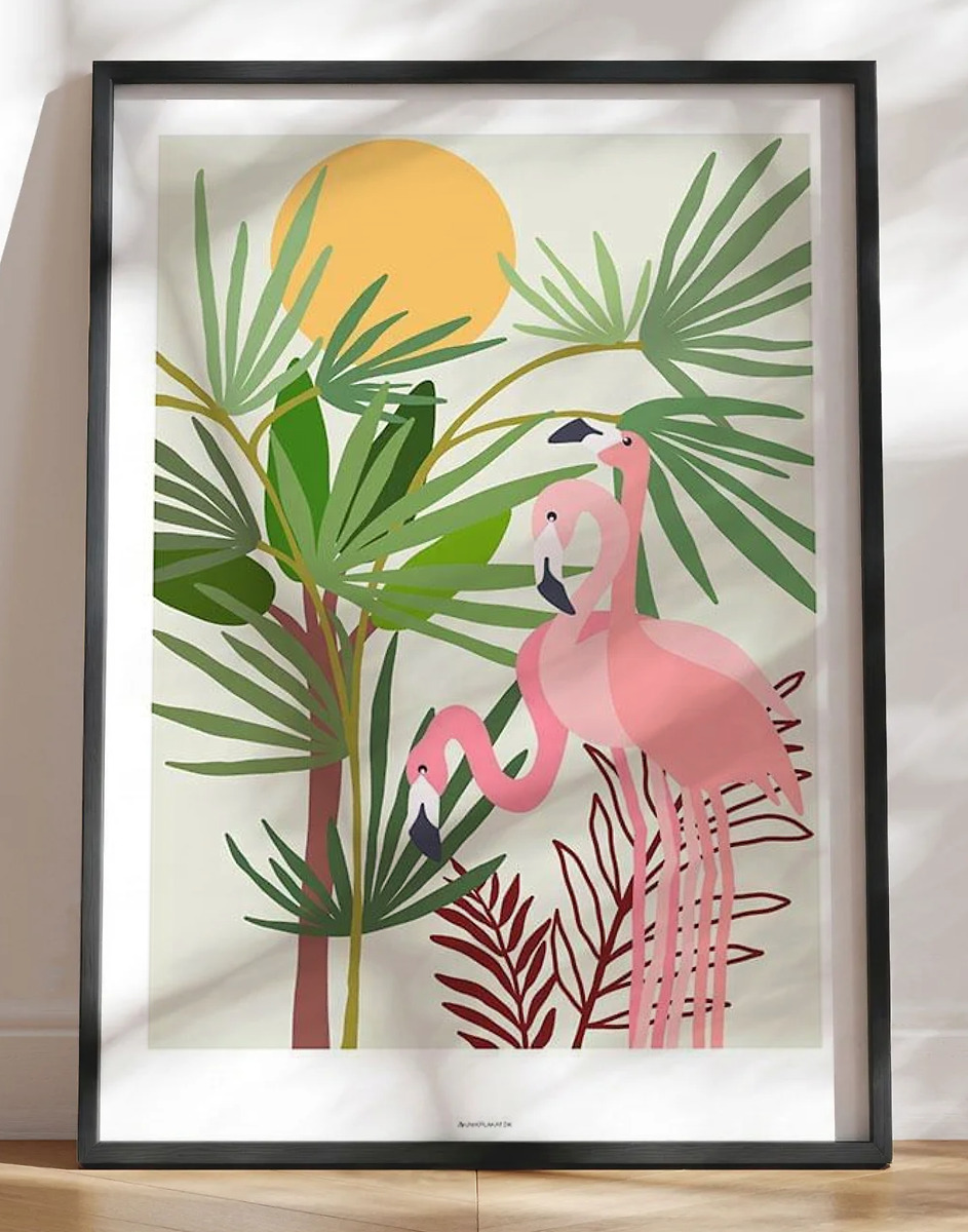 Grafisk plakat med tre flamingoer