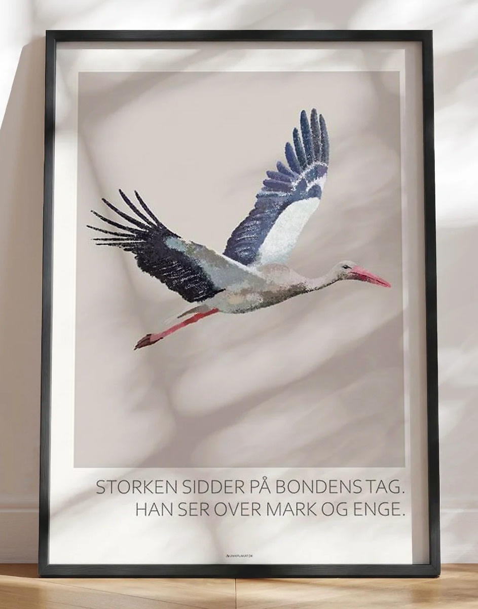 Plakat med stork - trækulstegning af Danmarks sjældne gæst