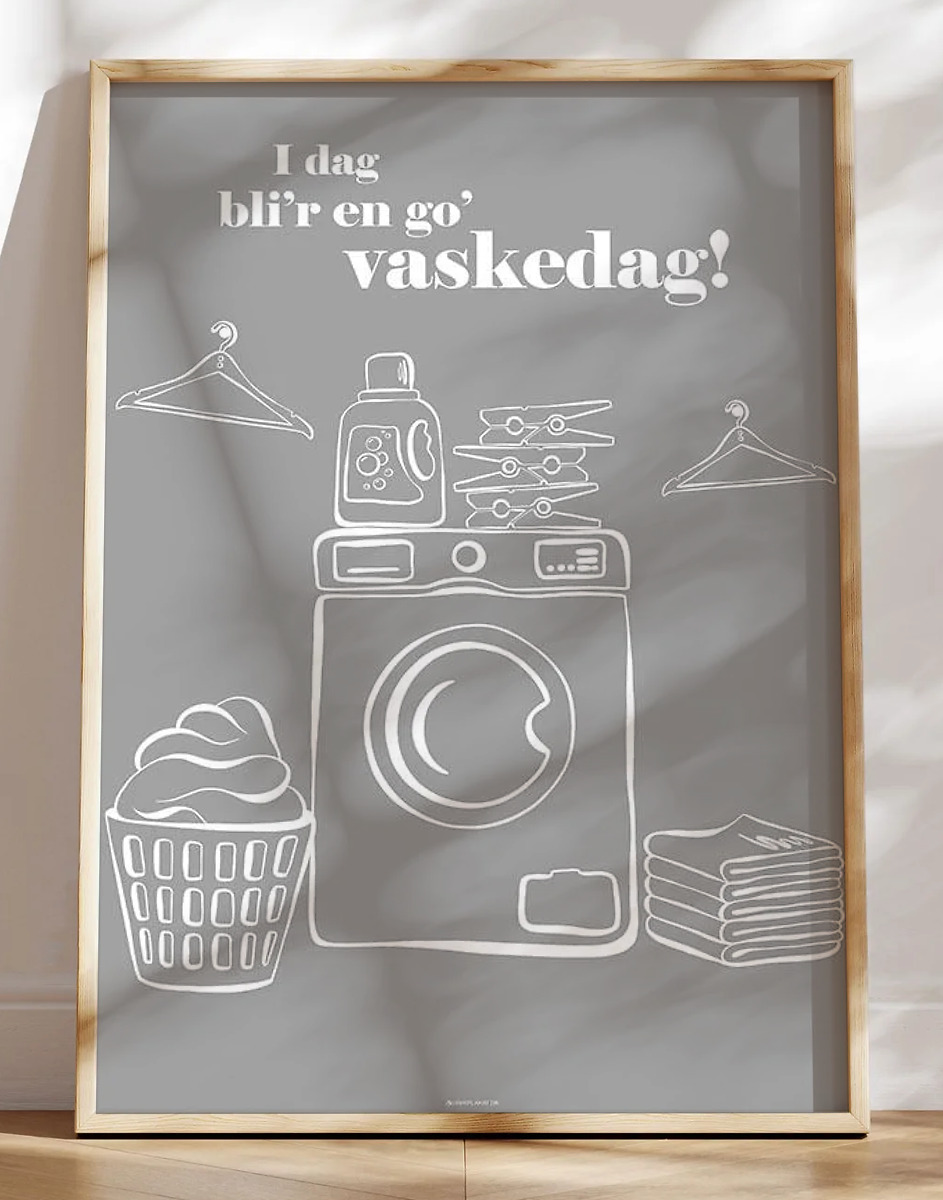 Grå vaskeplakat med redskaber