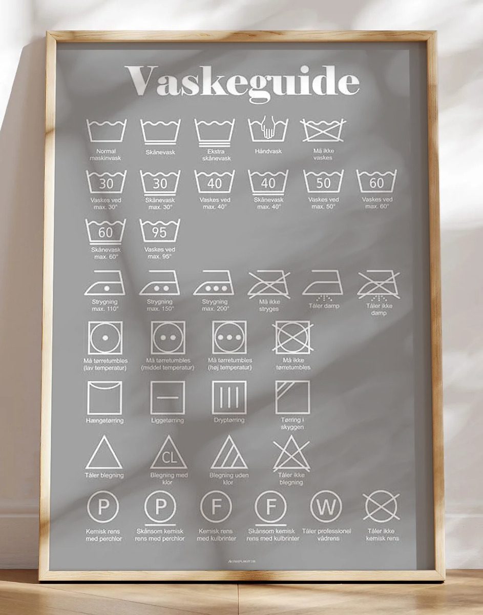 Grå vaskeplakat med vaskeanvisning og symboler