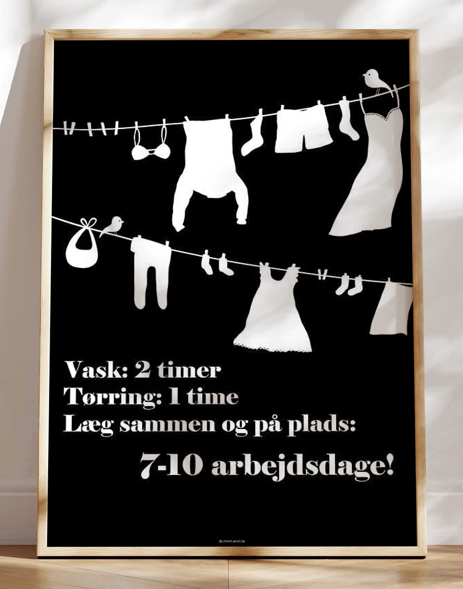 Sort vaskeplakat med vasketøj