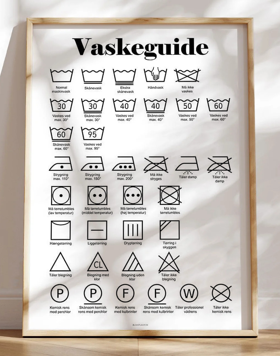 Vaskeplakat med vaskeanvisning og symboler - hvid baggrund