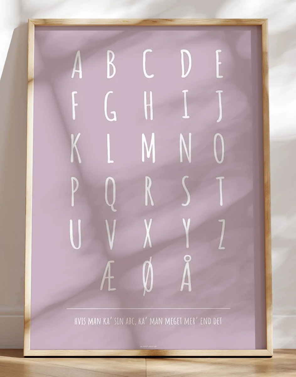 ABC plakat med hvide bogstaver på farvet baggrund