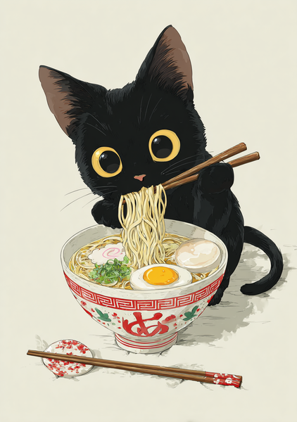 Japansk Plakat 5  Ramenkat med Spisepinde