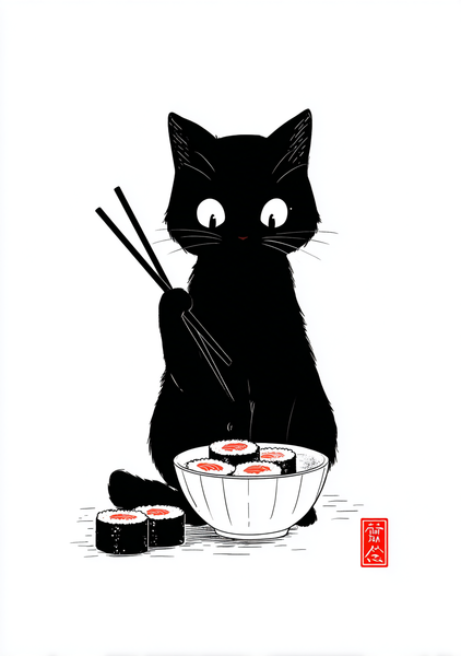 Japansk Plakat 6  Kat med Sushi og Spisepinde