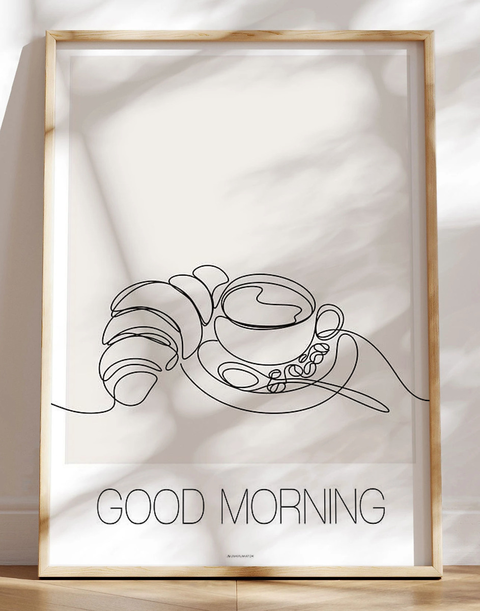 Line art plakat med kaffe og croissant - Good morning