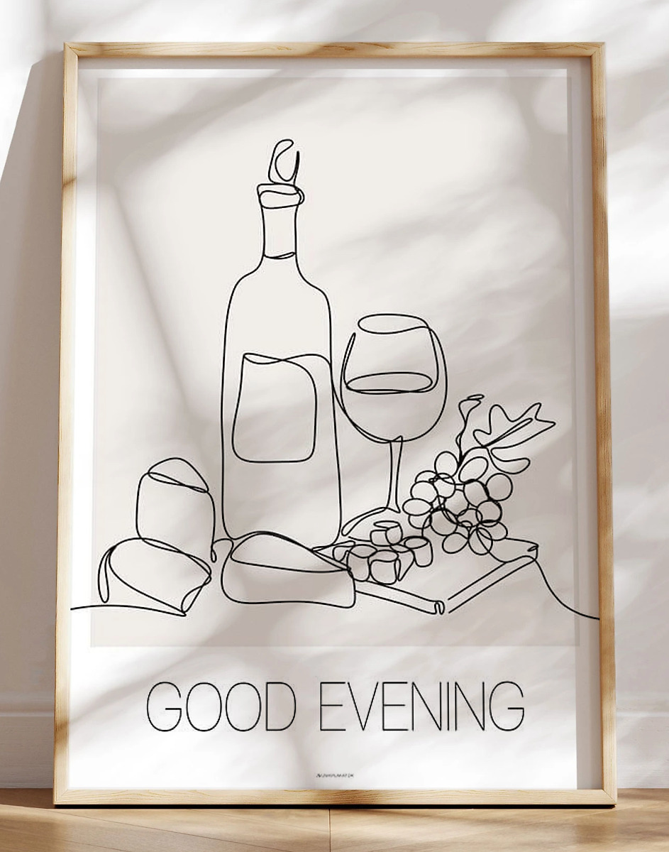 One line plakat med vin og ost - Good evening