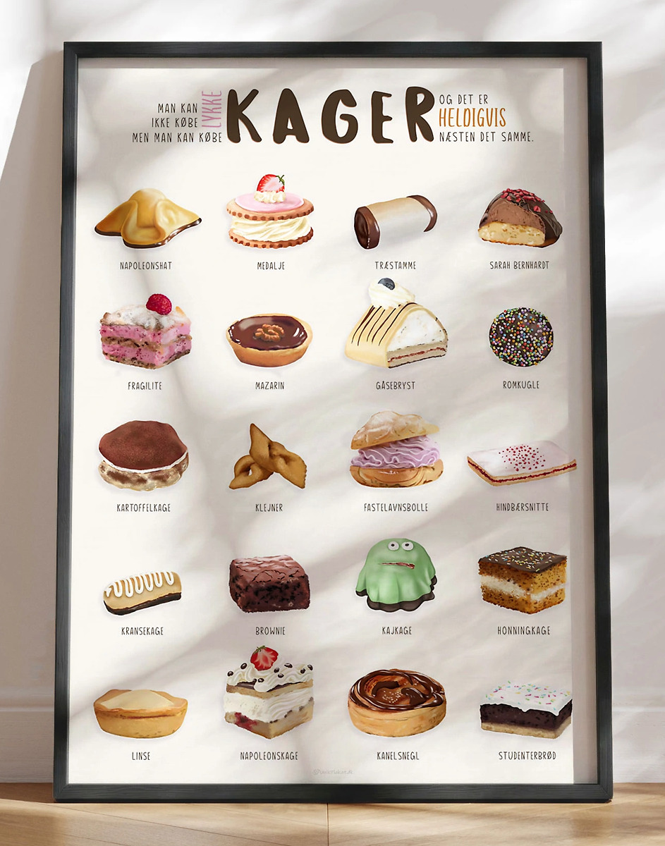 Kageplakat - Plakat med 20 kager der gør dig [tæt på] lykkelig