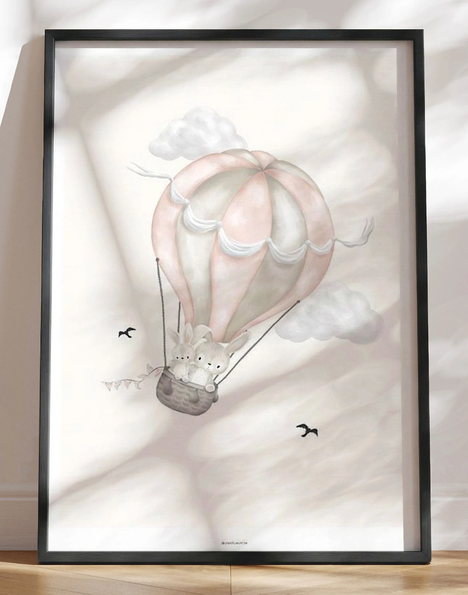 Børneplakat - søde kaniner i pink luftballon