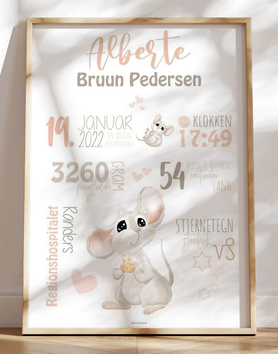 Fødselsplakat med mus til pige