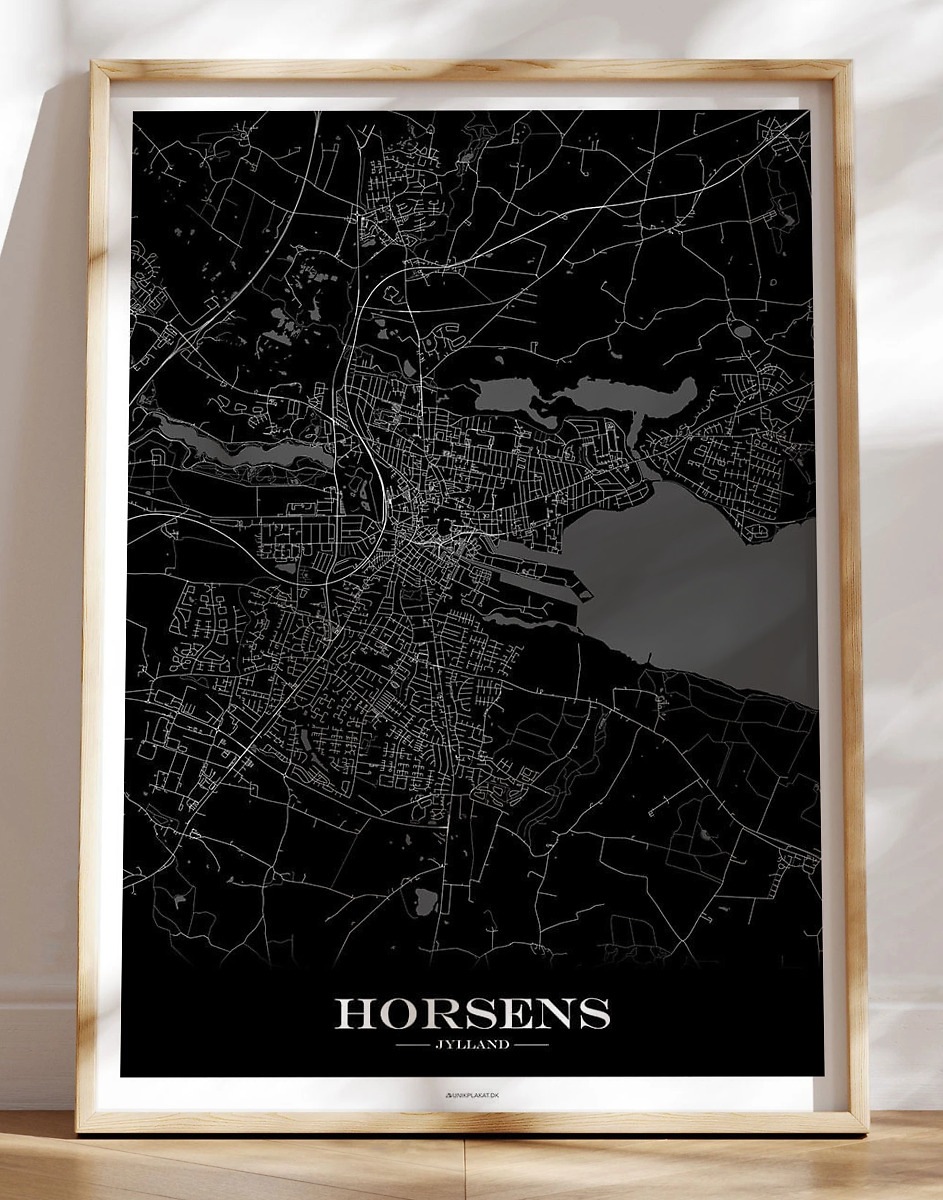 Horsens bykort plakat i sort og hvid