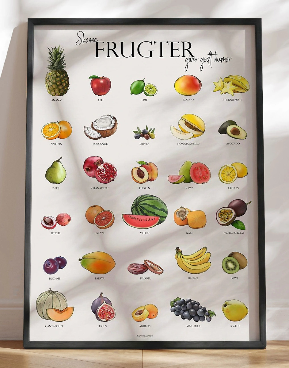Køkkenplakat med frugter - 30 håndtegnede frugter i dejlige farver