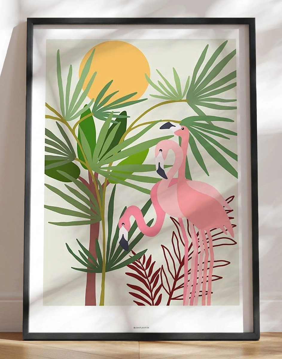 Grafisk plakat med tre flamingoer