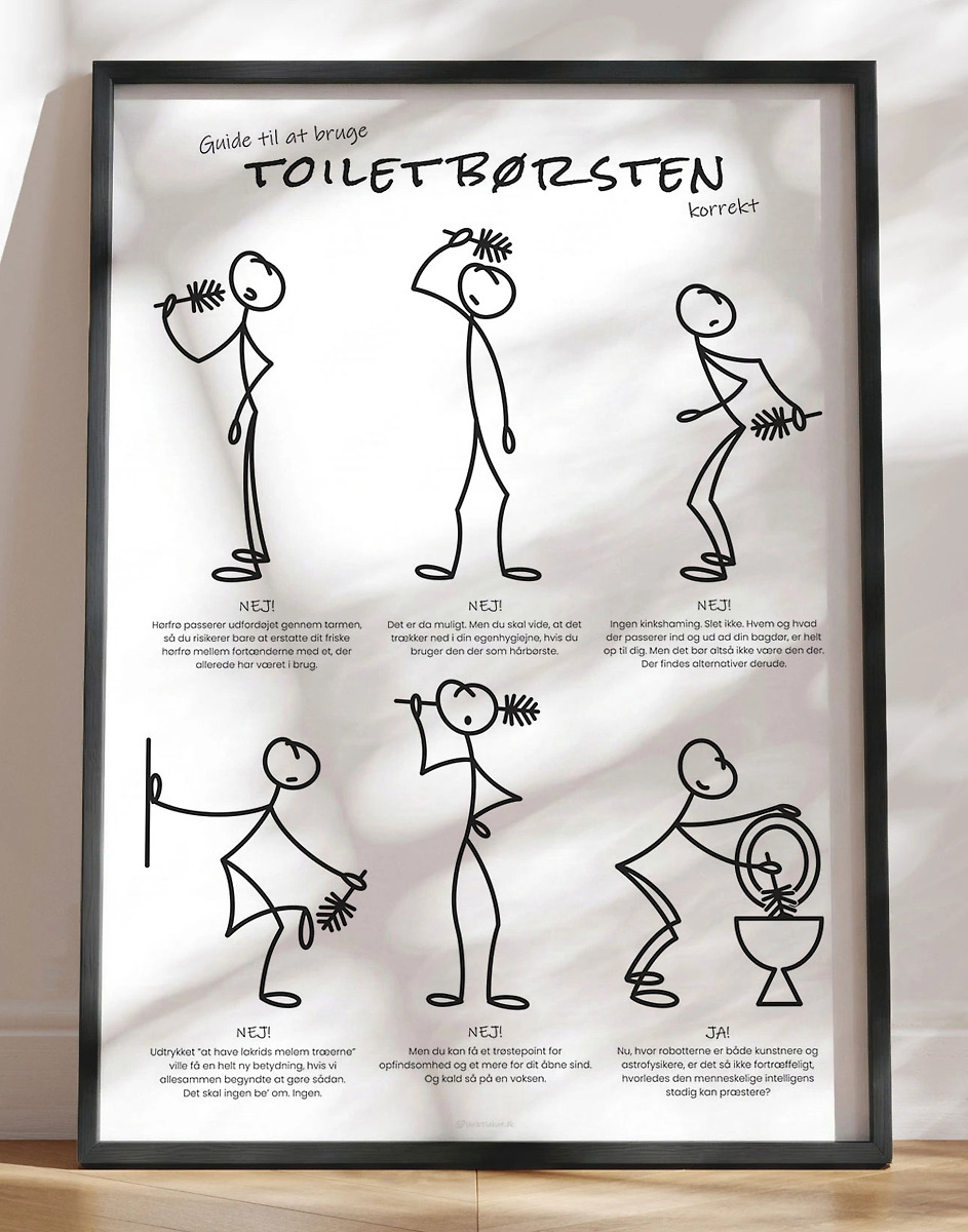 Sjov plakat til toilettet - Guide til toiletbørsten