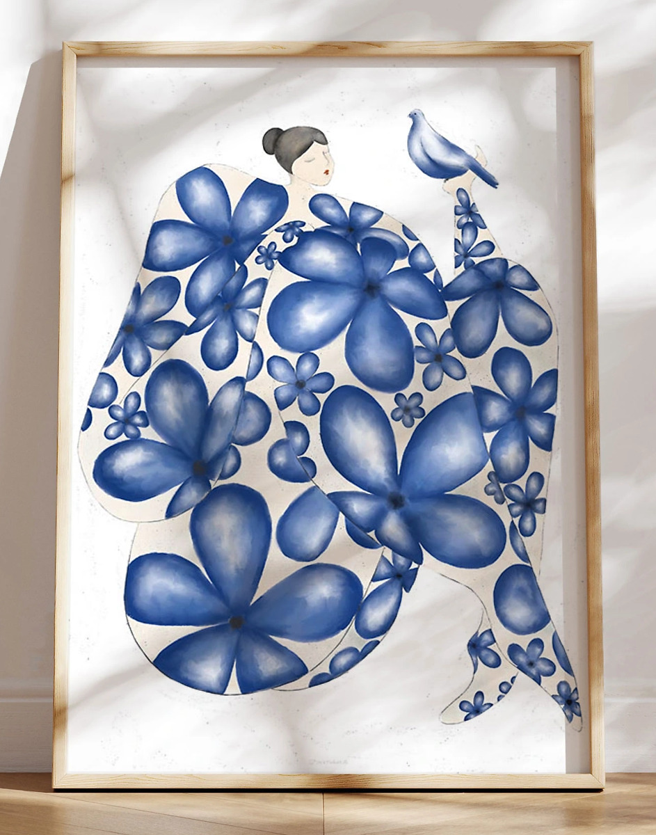 Blå plakat - Blåblomstret dame med due