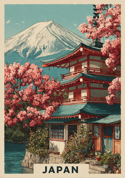 Japansk Plakat 128  Pagode ved Fuji-bjerget