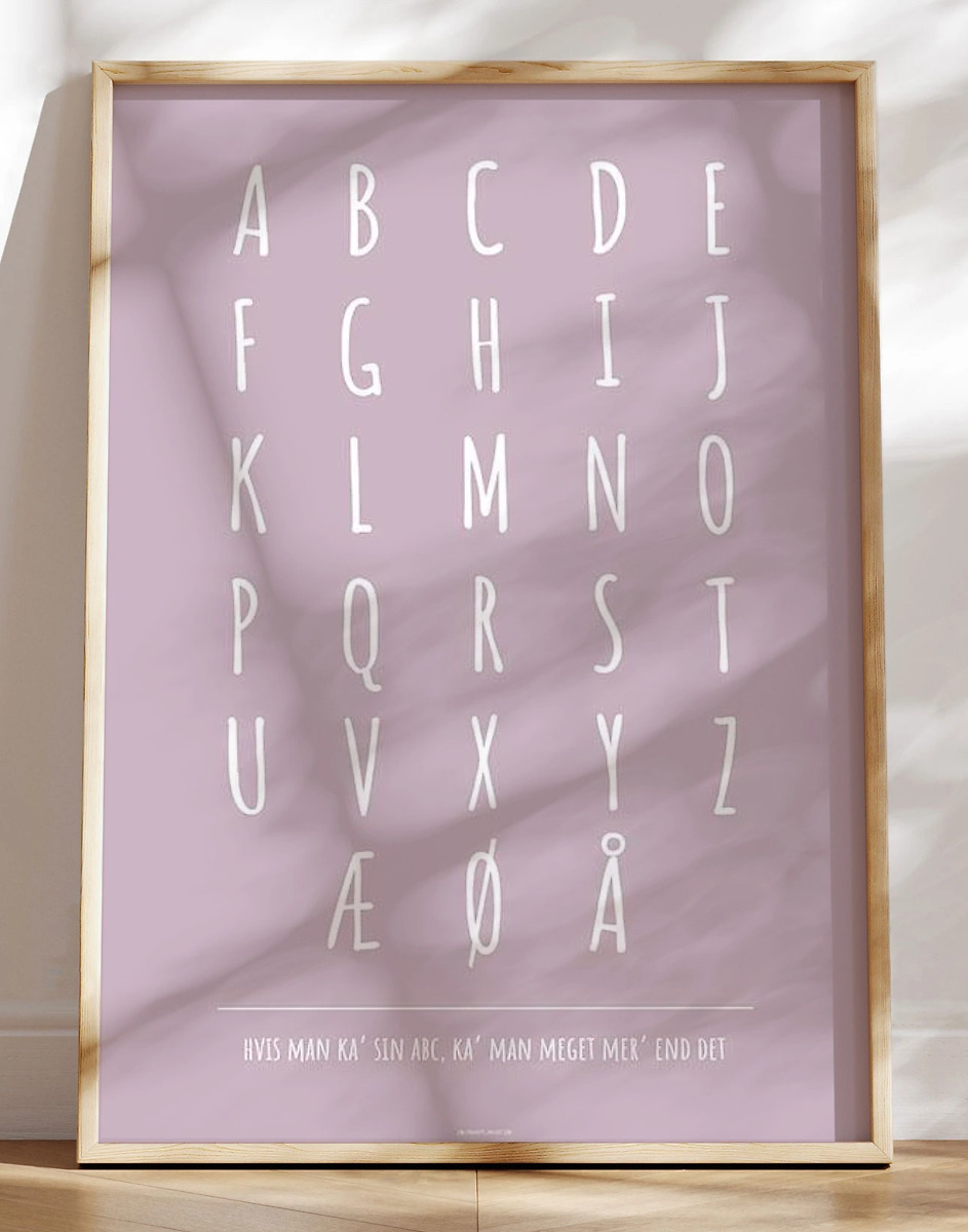 ABC plakat med hvide bogstaver på farvet baggrund